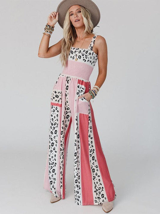 Leopard Print High-Waist Backless Jumpsuit with Wide Leg Pants and Suspender Straps for Women