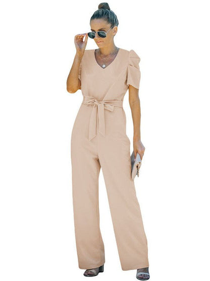 Women's Twisted Silk V-Neck Jumpsuit with Flared Waist Trousers and Pockets