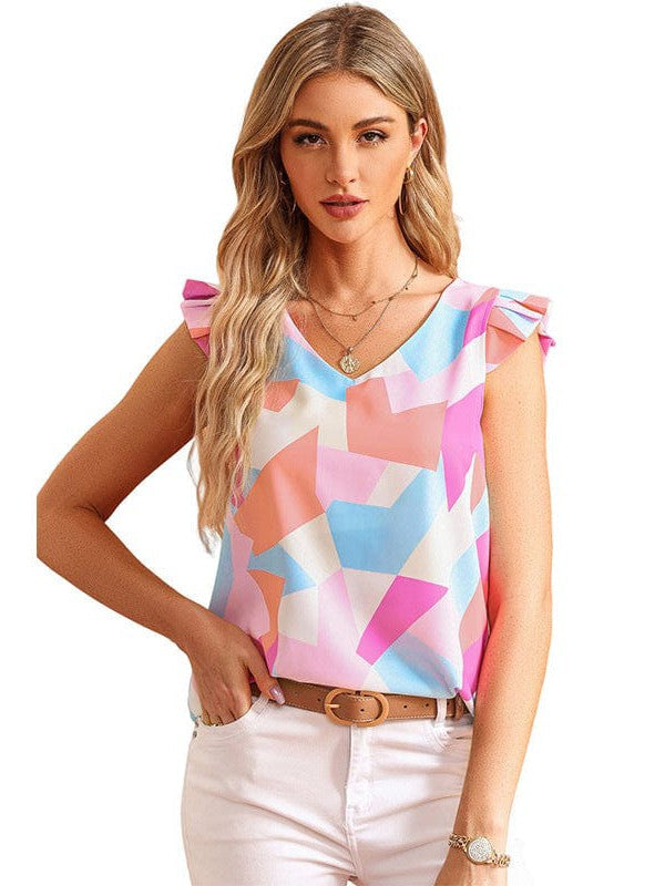 Geometric Pattern Polyester Chiffon Shirt with V-Neck and Ruffled Sleeves for Women