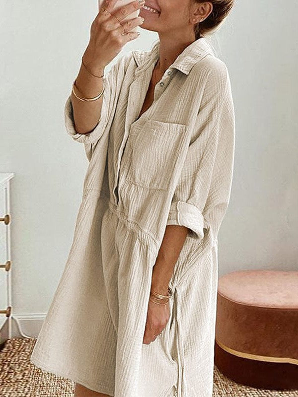 Simple Drawstring Waist Casual Shirt Dress in Off-White Color