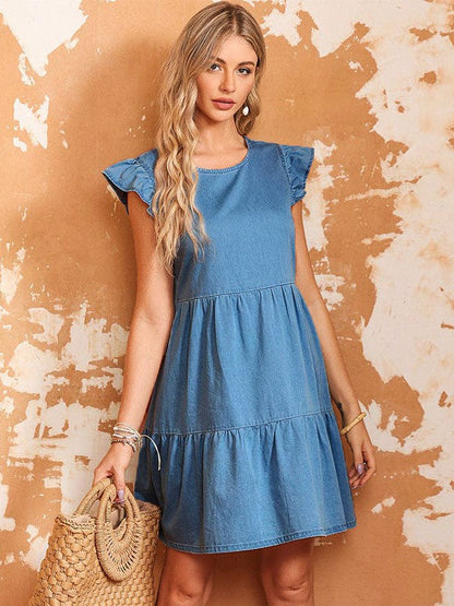 Stylish Sky Blue Cotton Dress with Ruffled A-Line Skirt and Round Neck