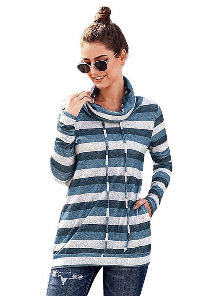 Multicolored Striped Pullover Sweatshirt with Long Sleeves and Pocket