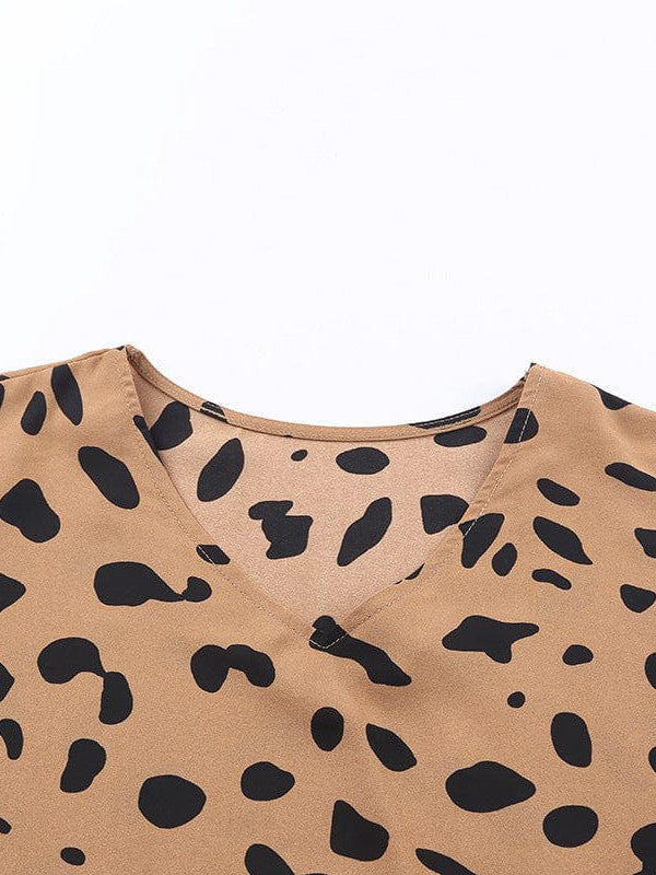 Leopard Print Chiffon Top with V-Neck and Ruffle Cuffs for Women