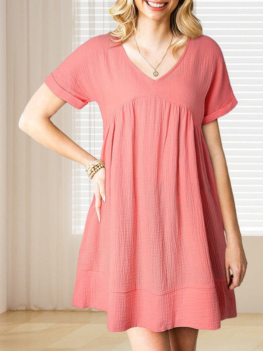 Simple Pink and Gray V-Neck Off-Shoulder Dress with Pockets
