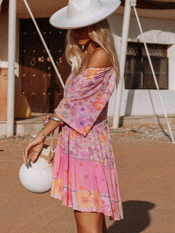 Bohemian Floral Print V-Neck High-Waisted Dress with Puff Sleeves