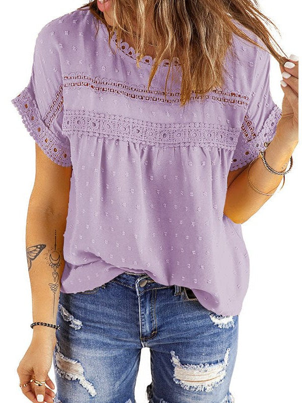 Solid Color Short Sleeve Lace Chiffon Top with Round Neck for Women's Comfort
