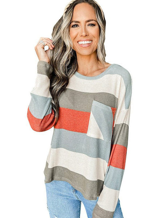 Color Block Patchwork Pocket Women's Pullover Round Neck Long Sleeve Top for Ladies