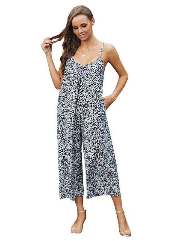 Leopard Print Chiffon Jumpsuit with V-Neck and High Waist