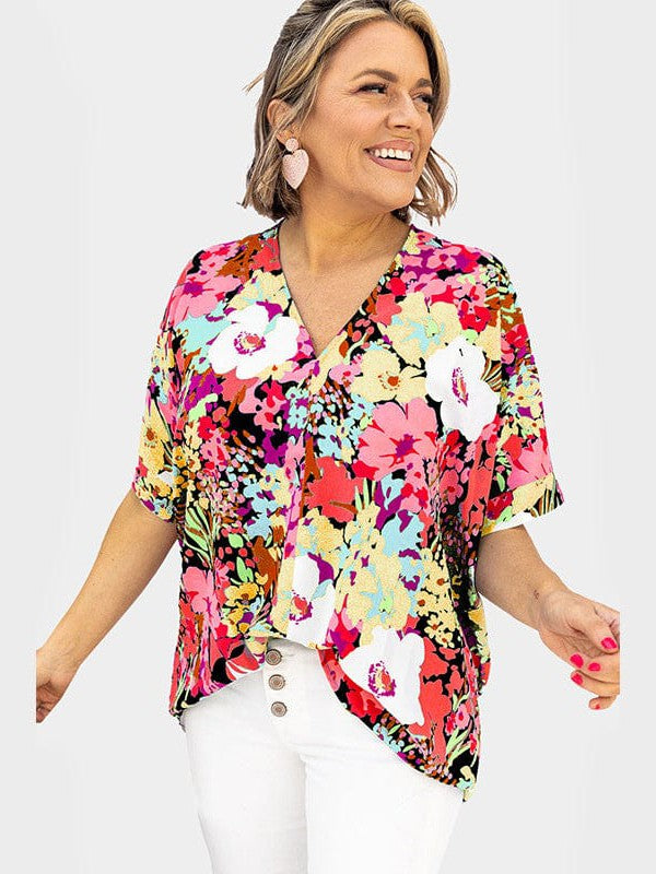 Chic Printed Chiffon V-Neck Pullover Top for Curvy Women