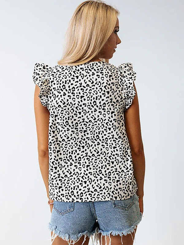 Leopard Print V-Neck Top with Ruffle Sleeves - Stylish Pullover for Women