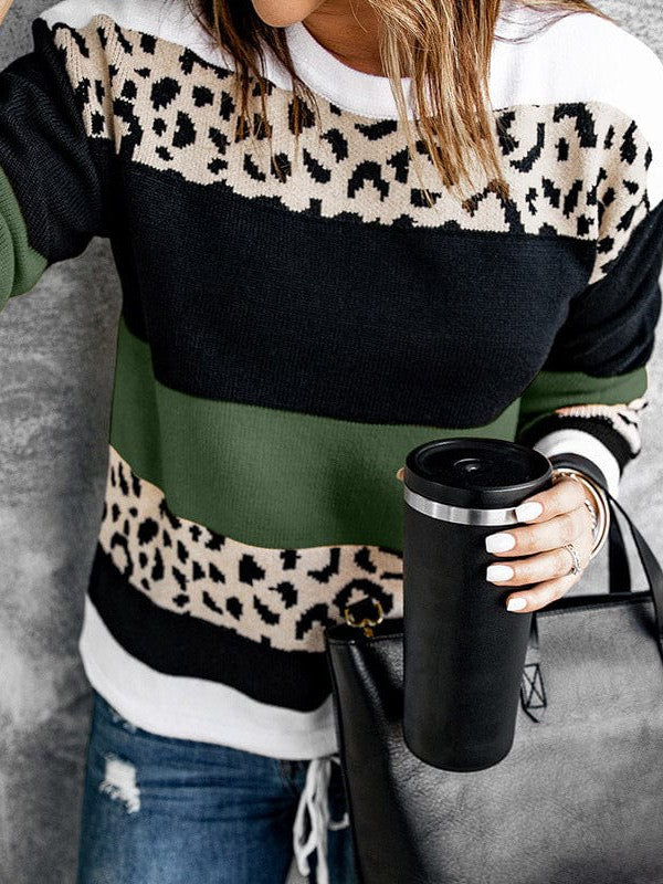 Leopard Print Round Neck Sweater in Loose Fit and Long Sleeves with Striped Detail for Women