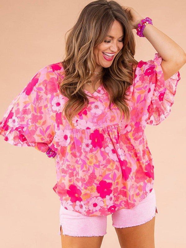 Printed Ruffled Chiffon Pullover with V-Neck and A-Line Silhouette