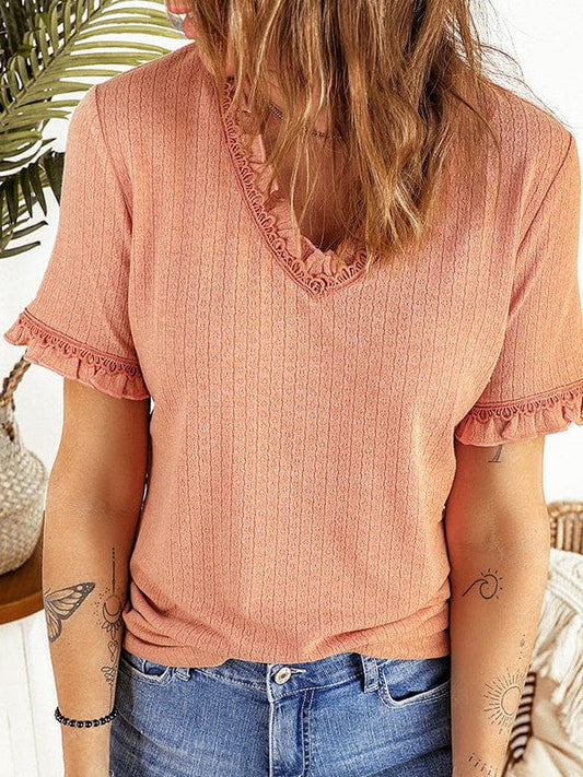 Women's Loose V-Neck Lace Top with Short Sleeves and Polyester Main Fabric