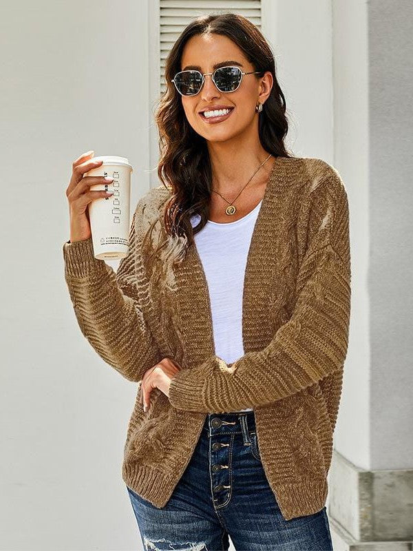 Women's Solid Color Knitted Cardigan with Long Sleeves and Buttonless Design