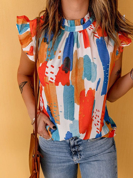 Colorful Loose Sleeveless Women's Printed Tops with Princess Sleeves