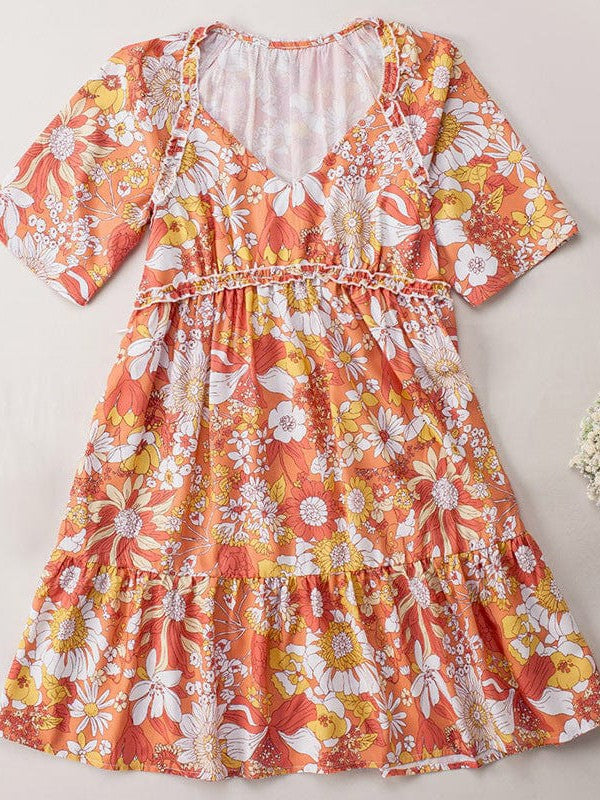 Floral Print V-Neck Short Dress with Feminine High Waist