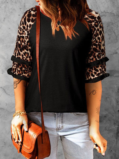 Leopard Print Short Sleeve Polyester T-shirt for Women