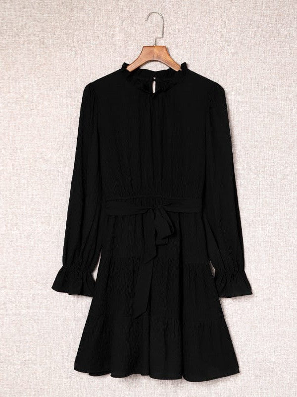 Stylish Strap Waist High Neck Long Sleeve Dress with Solid Color Skirt