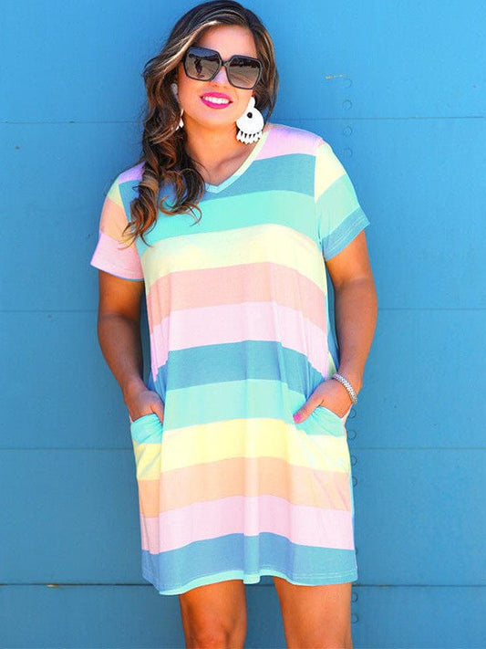 Fashionable Striped Contrasting V-Neck Plus Size Dress In Nylon Blend