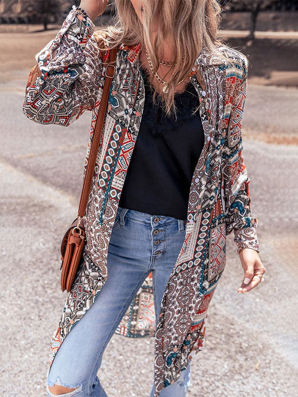 Floral Print Geometric Patterned Women's Cardigan Jacket with Mid-Length Cut