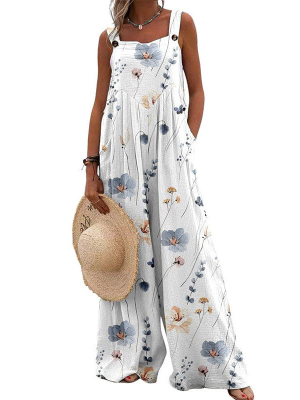 Oil Painting Floral Print Sleeveless Jumpsuit with Elastic Waist for Women