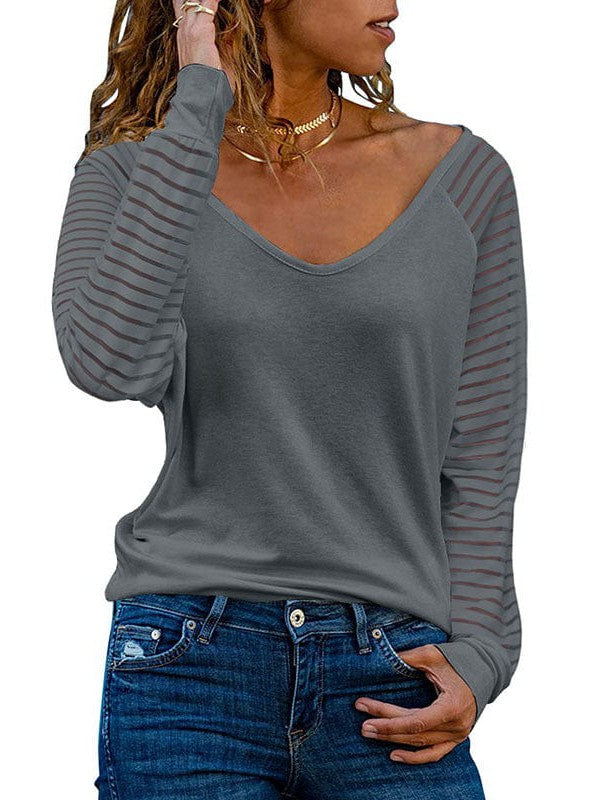 Women's Long-Sleeved V-Neck Striped T-shirt with Sheer Panels