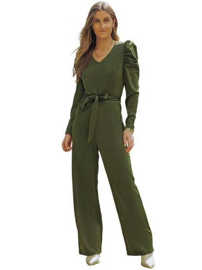 Flattering High-Waisted Jumpsuit with Lamb Leg Sleeves and Waist Belt