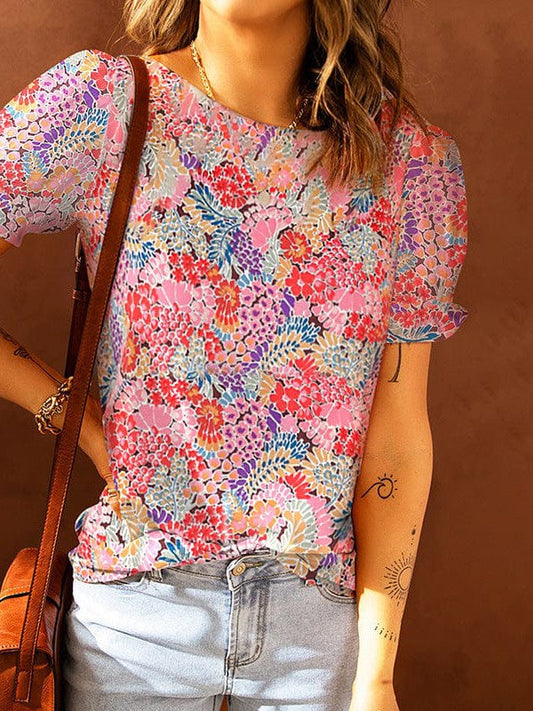 Colorful Printed Puff Sleeve Round Neck Top for Women