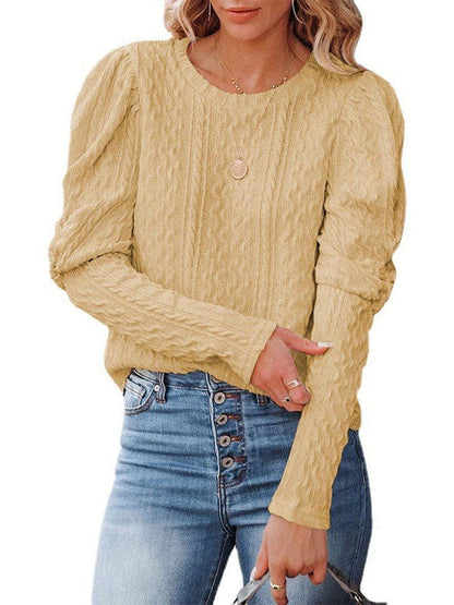Women's Loose Fit Pullover Sweater with Round Neck and Balloon Sleeves