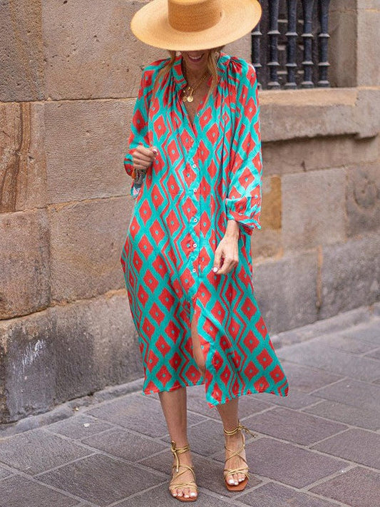 Geometric Print Loose Suit Skirt with V-Neck and Long Sleeves