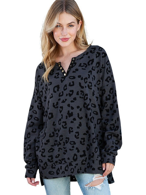 Fashion Women's Leopard Print V-Neck Pullover Sweatshirt