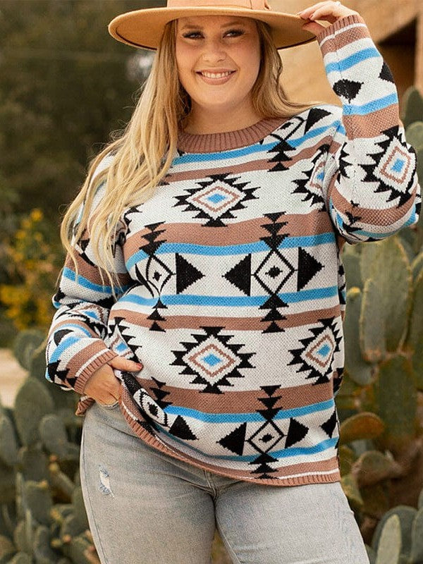 Trendy Plus Size Aztec Pattern Pullover Sweater for Women