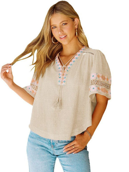 Women's Embroidered Linen Blend Loose Fit Top with Bell Sleeves