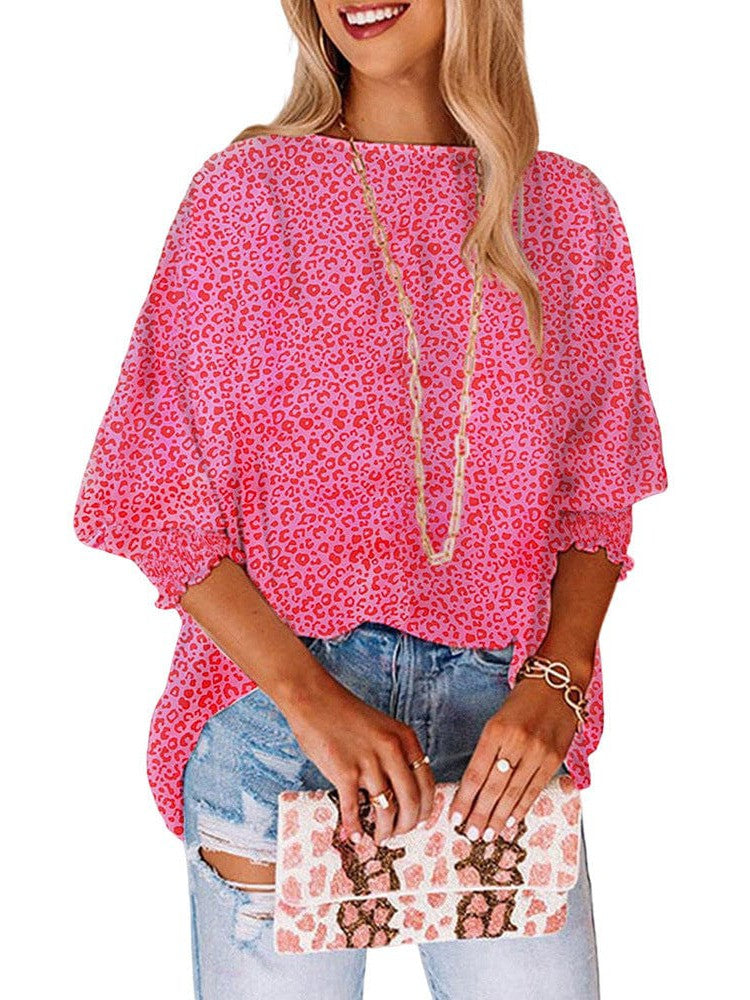 Fashion Women's Pink Leopard Print Chiffon Blouse - Loose Fit Puff Sleeve Top