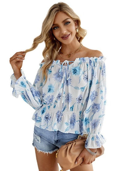 Floral Chiffon Women's Shirt featuring Printed Design, One-Line Collar, Ruffle Waist Strap, and New Top Style