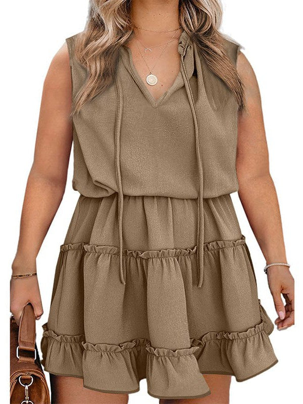 Versatile Ruffled Solid Color Plus Size Midi Dress with V-Neck Tie