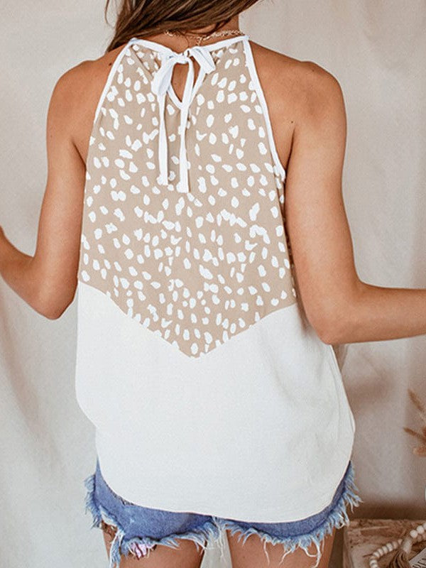 Leopard Print Contrast Color Vest with Backless Lace-Up Top for Women
