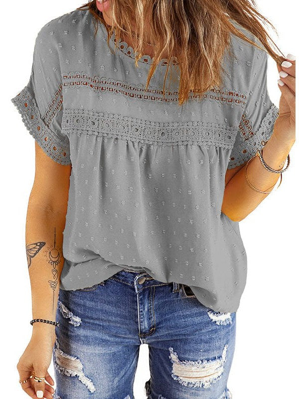 Solid Color Short Sleeve Lace Chiffon Top with Round Neck for Women's Comfort