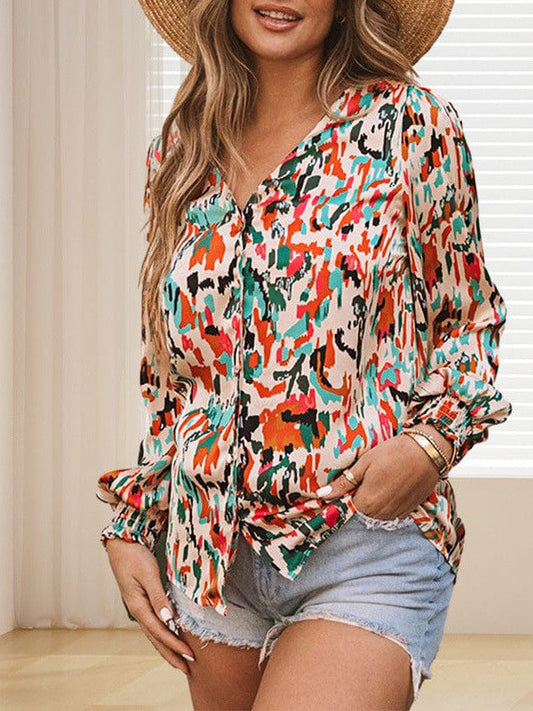 Watercolor Print V-Neck Shirt with Covered Buttons for Women