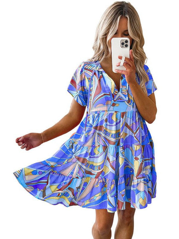 Printed V-Neck Geometric Pattern Dress