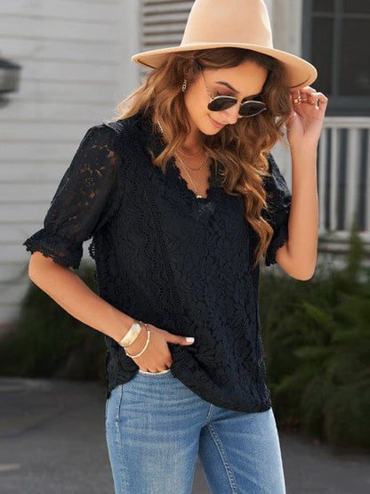Solid Color Lace Chiffon Women's Loose Fit Pullover Top