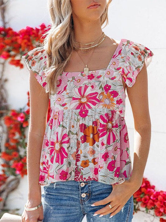 Floral Square Neck Chiffon Vest Sleeveless Top Silhouette Floral Print Summer Blouse