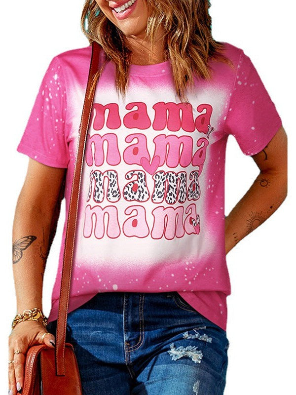 Women's Loose Tie-Dye Short-Sleeved Tops with Round Neck and Slogan for Mother's Day