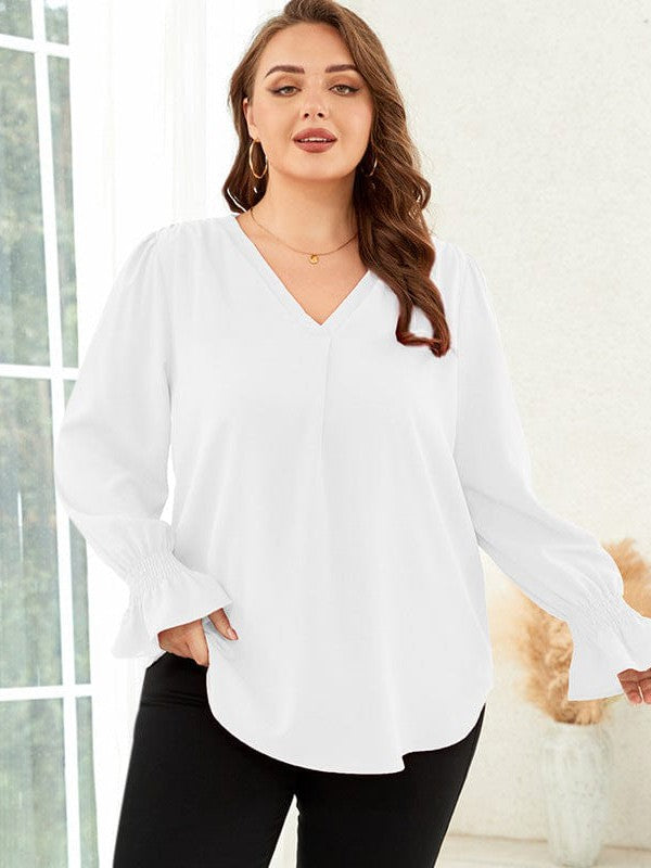 Stylish V-Neck Long-Sleeve Chiffon Top for Women with Solid Color Design and Loose Fitting