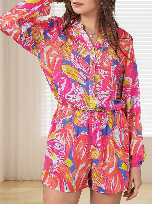 Women's Casual Style Abstract Print Long-Sleeved Jumpsuit with Half-Breasted Design