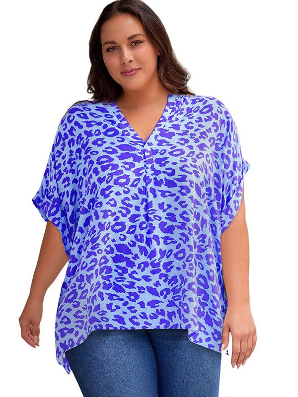 Leopard Print V-Neck Chiffon Pullover Top for Women - Stylish Loose Fit safari style shirt in XL size