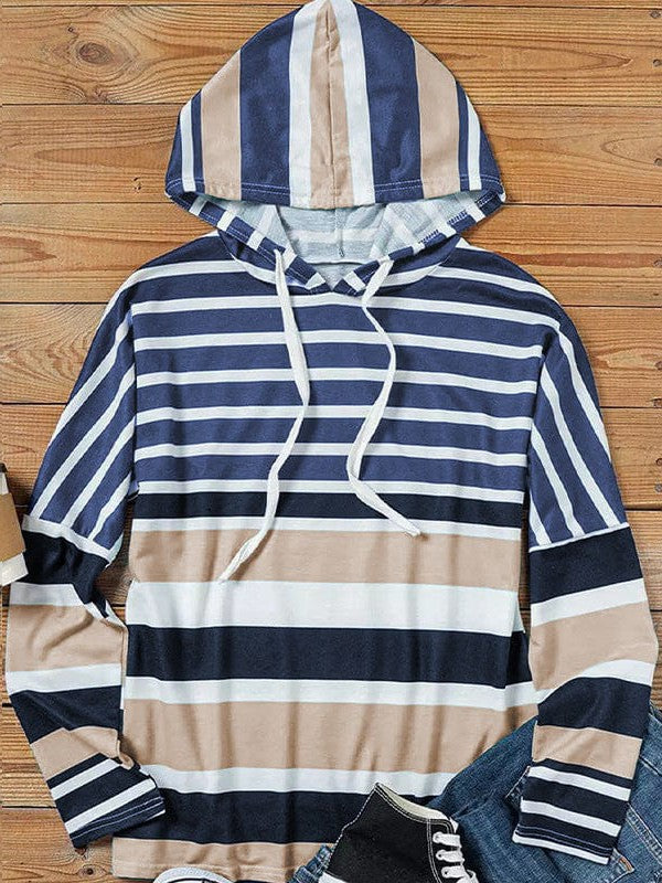 Hooded Long-Sleeved Women's Sweatshirt with Stripe Print for Women