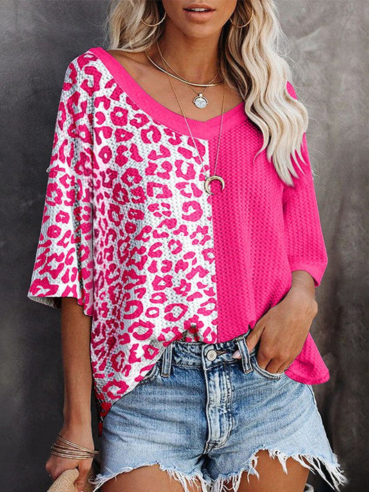 Relaxed Leopard Print Pullover with Three-Quarter Sleeves for Women, Comfortable Streetwear T-shirt