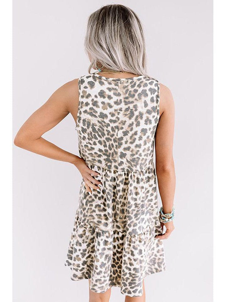 Leopard Print Sleeveless Dress with Round Neck in Cotton