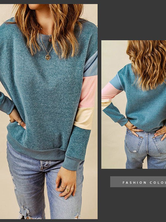 Versatile Contrast Color Pullover Women's Sweatshirt with Round Neck